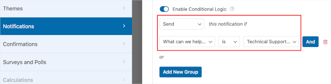 Setting up conditional logic for technical support notifications