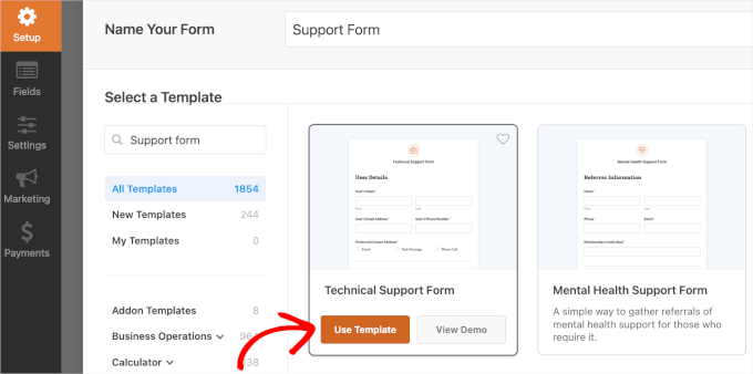 Support form template