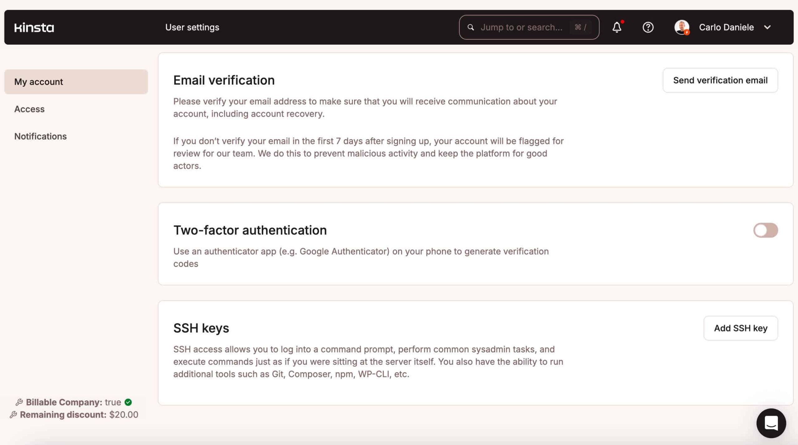 Two-factor authentication in MyKinsta