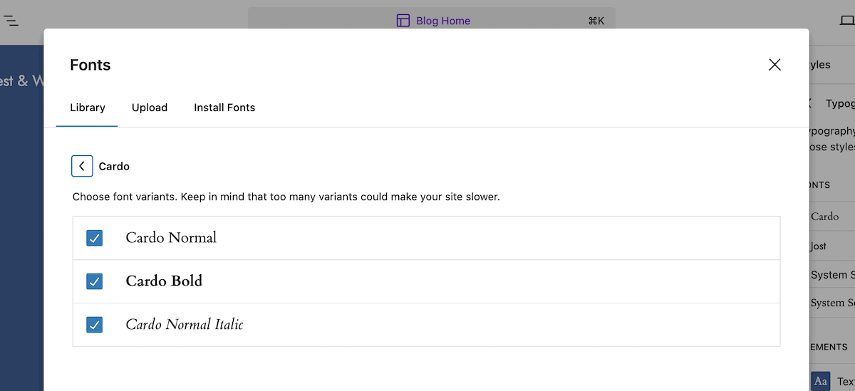 The Font Library selection dialog box displaying options for the Cardo font family. The dialog shows three variants: Cardo Normal, Cardo Bold, and Cardo Normal Italic, each with a checkbox selected. Above the variants, there's a note cautioning that too many font variants could slow down the website.