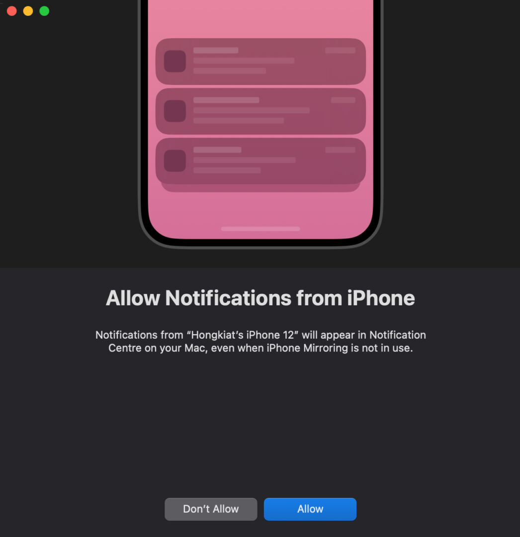 Allowing notifications for iPhone Mirroring