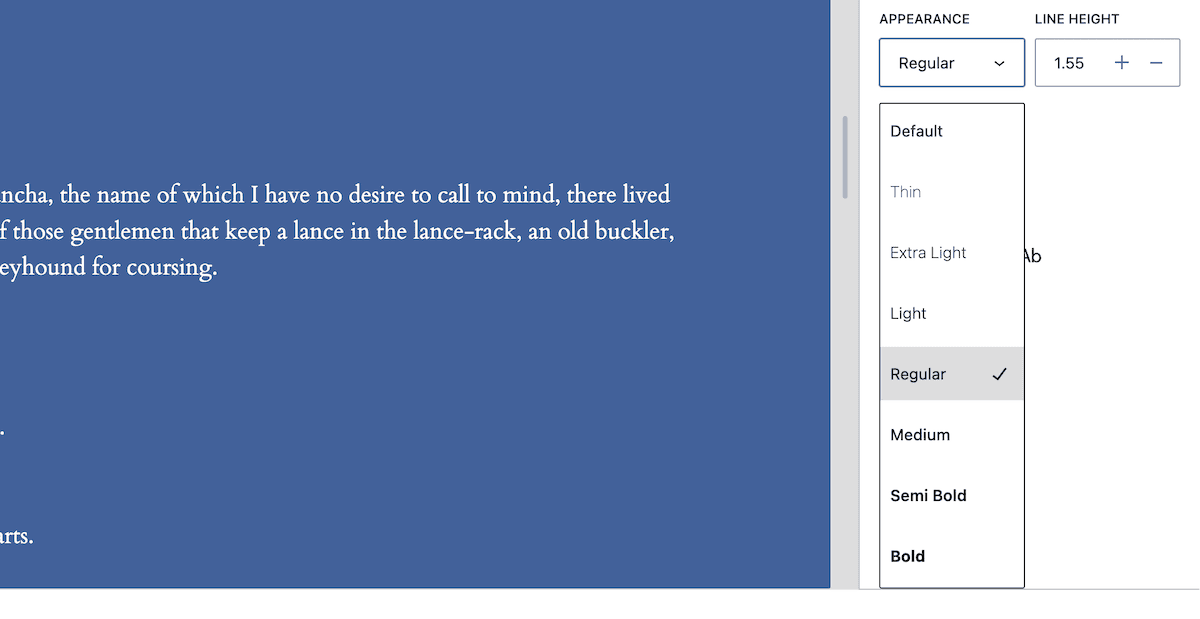 The Appearance drop-down menu within the WordPress Site Editor. The panel is set to Regular. Below it, a line height adjustment control is set to 1.55, with plus and minus buttons for fine-tuning.