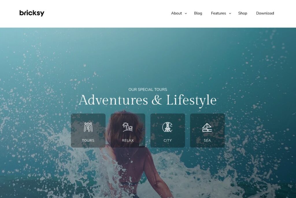 The Bricksy WordPress theme demo for a travel site