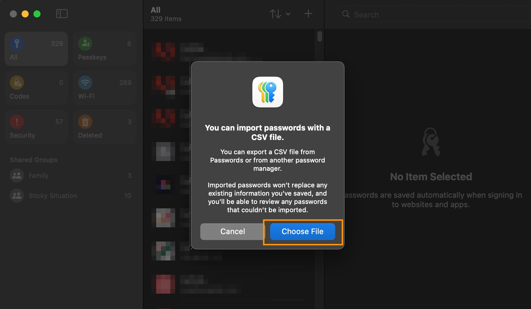 Choosing CSV file for import into Passwords app