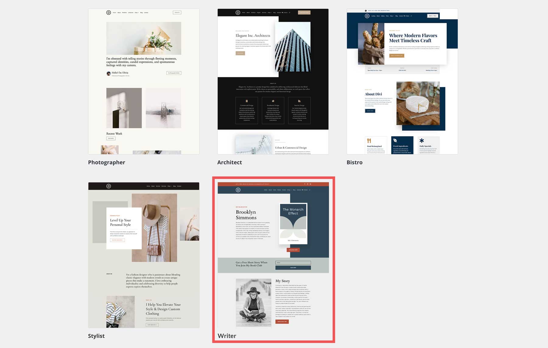 Writer starter site for Divi