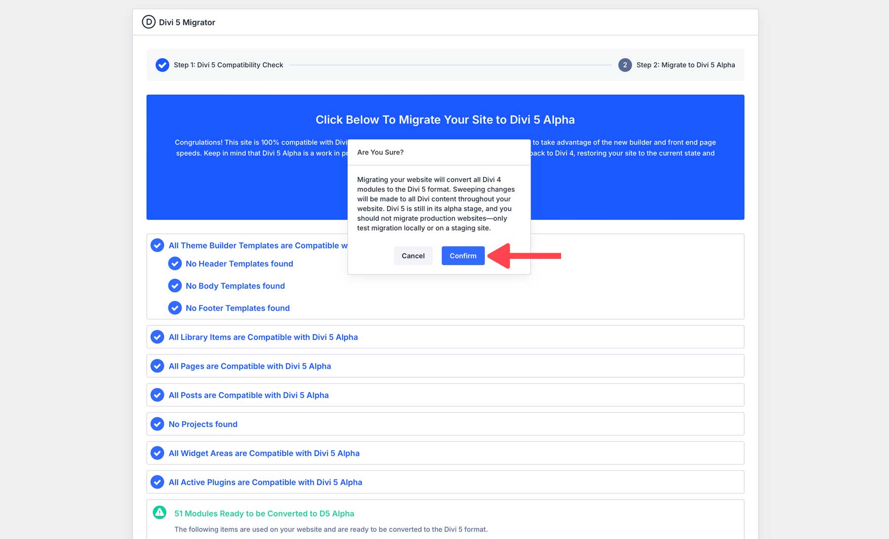 confirm Divi 5 migration