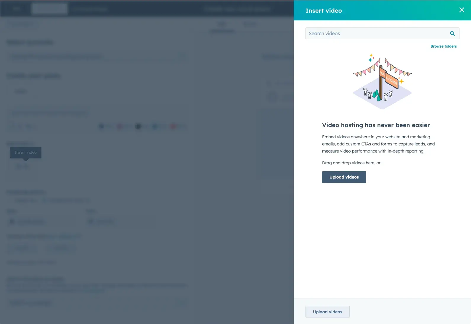 Screenshot showing how you can upload and schedule a video for social media in HubSpot