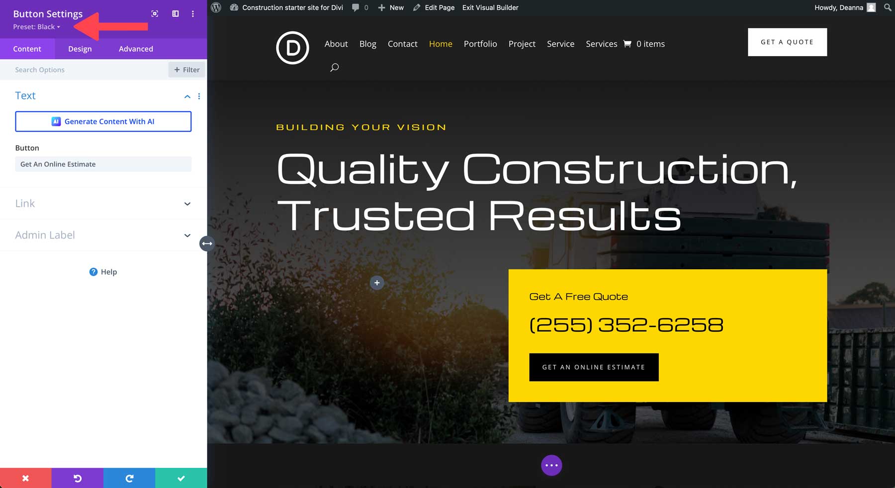 construction starter site for Divi