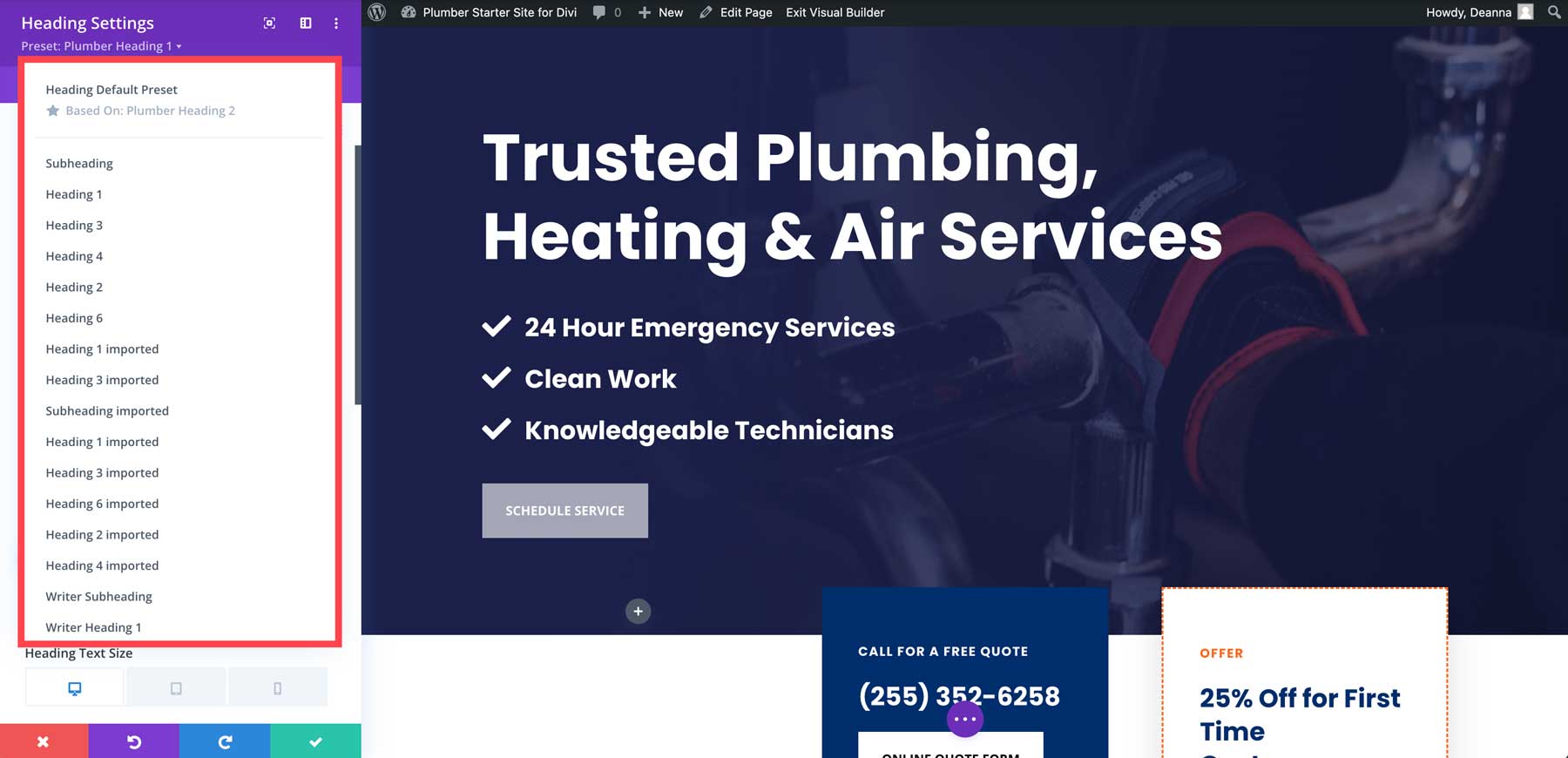 plumber starter site for divi