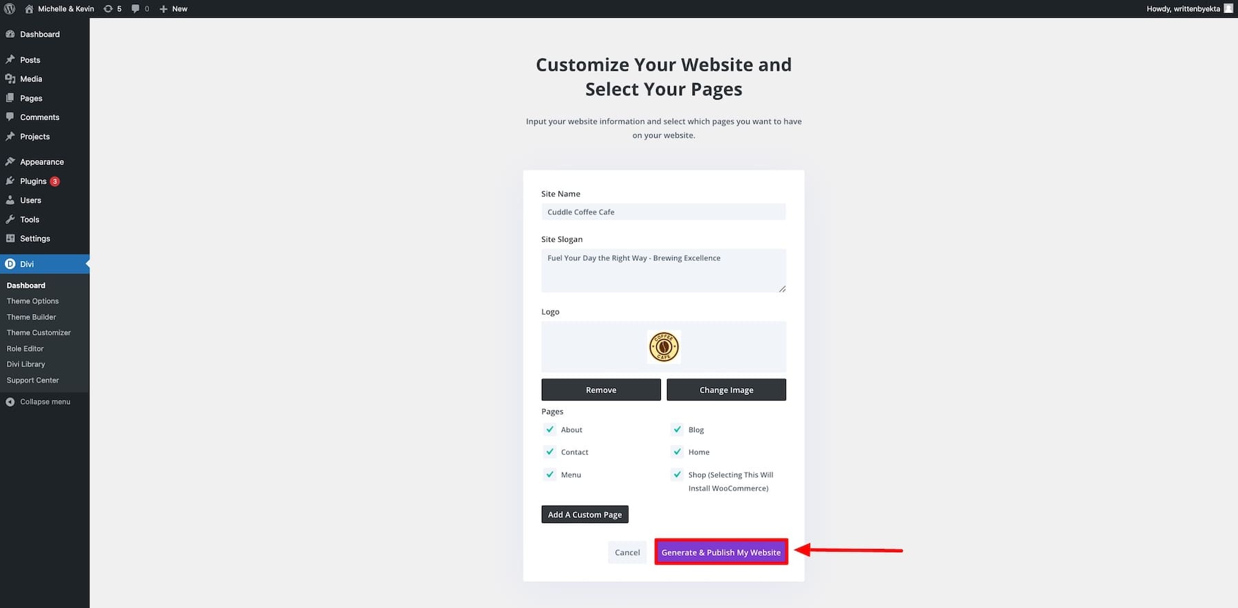 enter coffee site details and hit publish