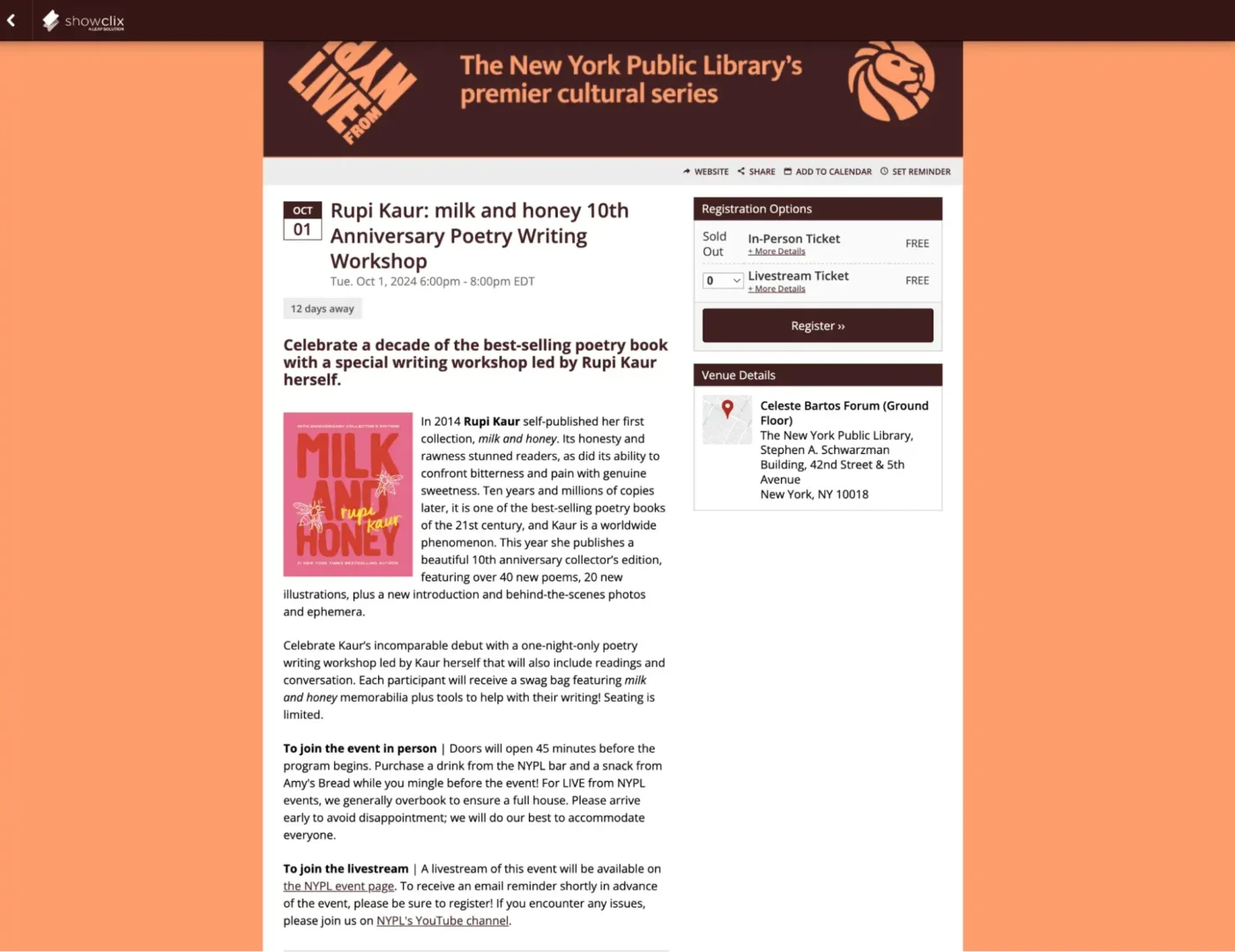 example of a workshop hosted by NYPL with poet rupi kaur