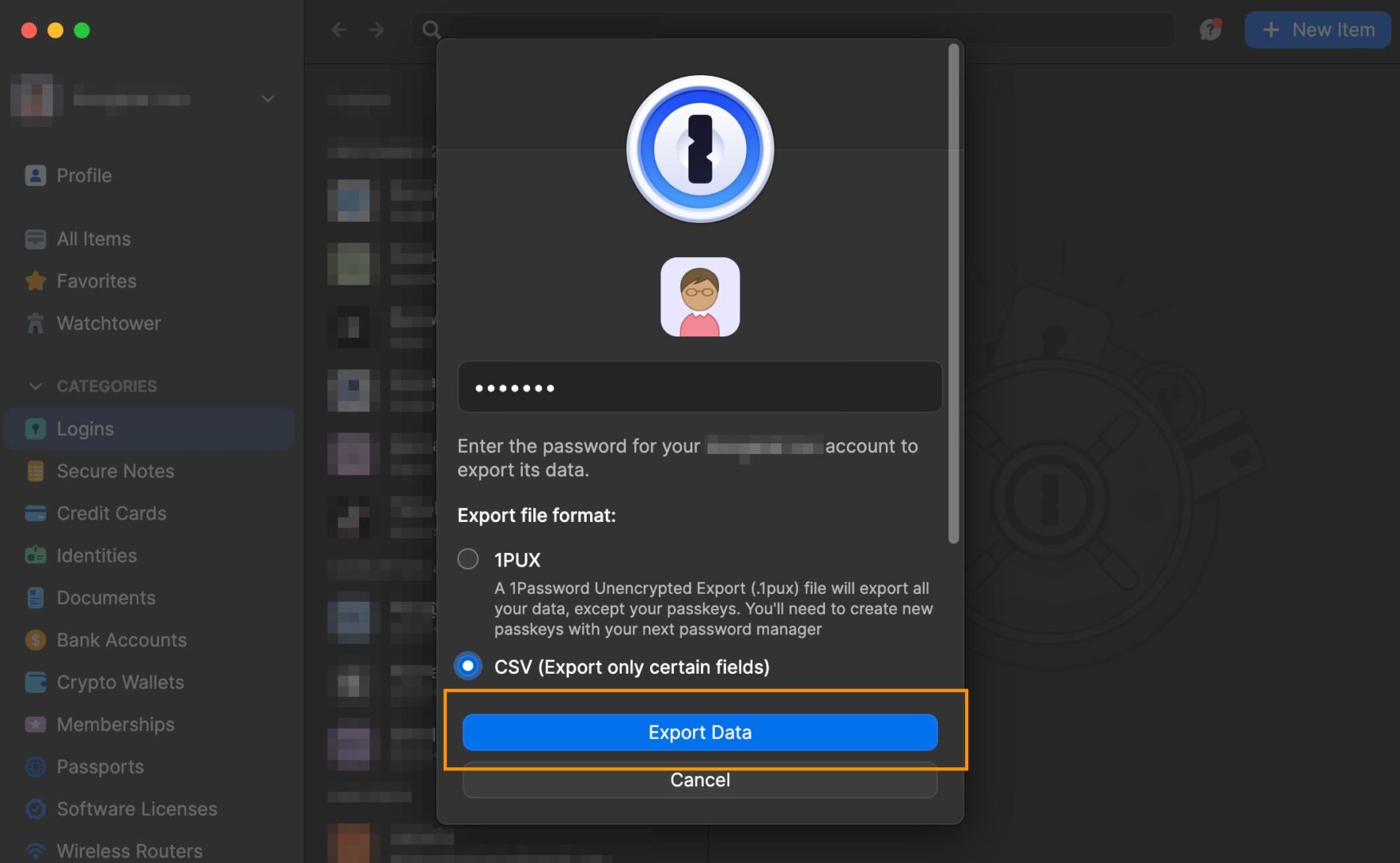 Exporting user data from 1Password