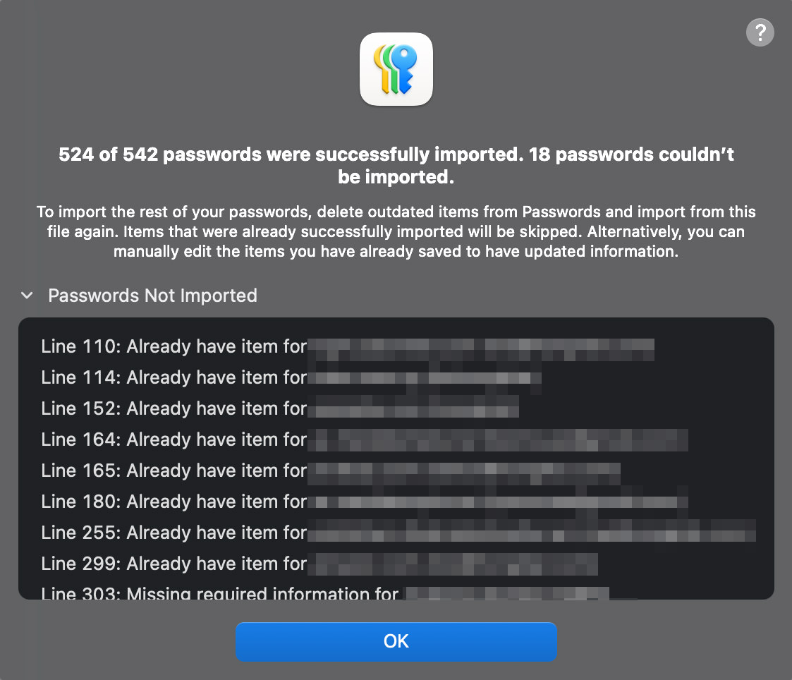 Summary of imported passwords in Apple's Passwords app