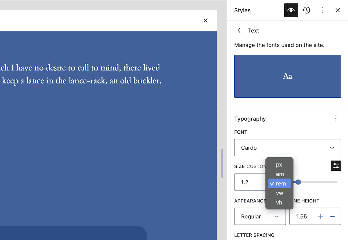 The Site Editor interface showing typography settings for a site. The main text area displays a paragraph in white on a blue background. The right-hand sidebar lets you customize font, size, appearance, and line height, with the Cardo font selected and size set to 1.2 rem.