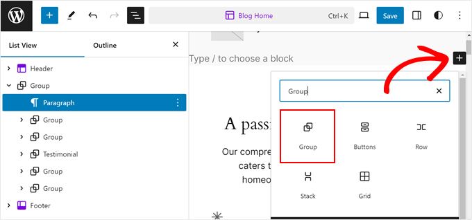 Adding a group block for the hero section in full site editor