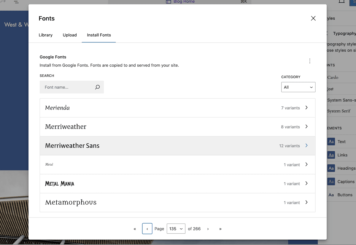 The WordPress Font Library showing options to install Google Fonts. The search bar lets users find specific fonts, and a list displays various font options including Merienda, Merriweather, and Metal Mania. Pagination controls are visible at the bottom.