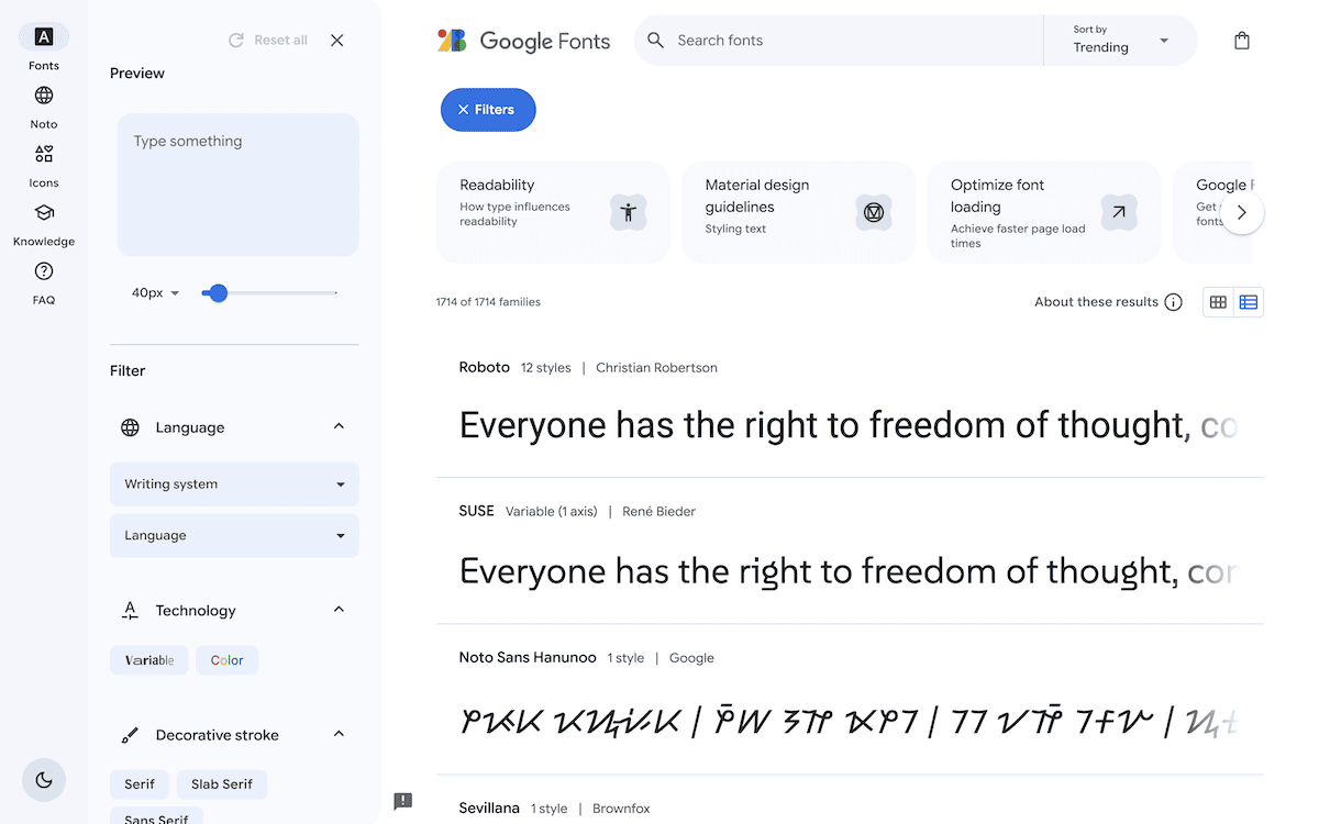 The Google Fonts website showing font previews and filtering options. The preview text reads, "Everyone has the right to freedom of thought," displayed in different fonts, including Roboto, SUSE, and Noto Sans Hannunoo. Filter options for language, writing system, and font properties are visible on the left-hand sidebar.