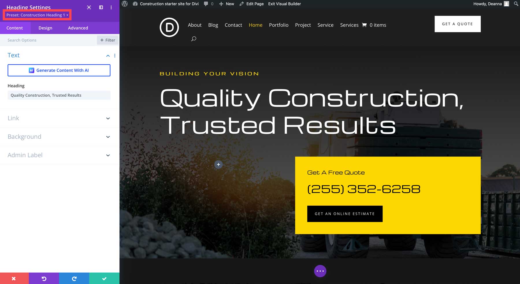 construction starter site for Divi