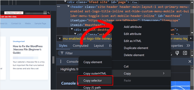 Copying the header's CSS selector with the Inspect tool