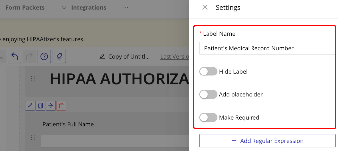 Adding field's label and other settings