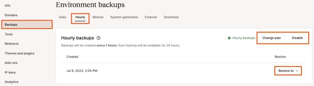 Screenshot of the MyKinsta dialog for enabling hourly backups.