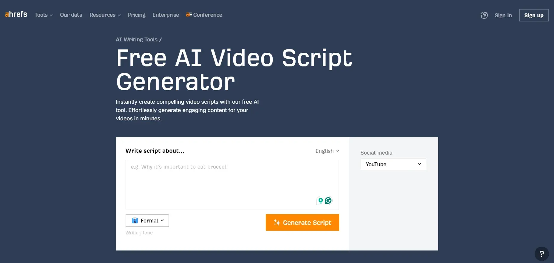 how to write a video script with ai: An example of Ahref’s video script generator’s prompt box 