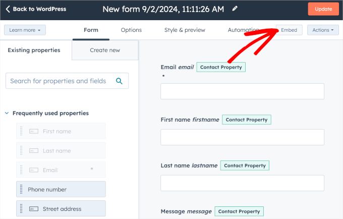 Embed button in HubSpot's form builder