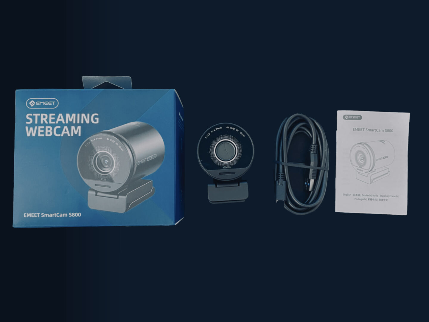 Contents of EMEET SmartCam S800 packaging, including webcam and cables