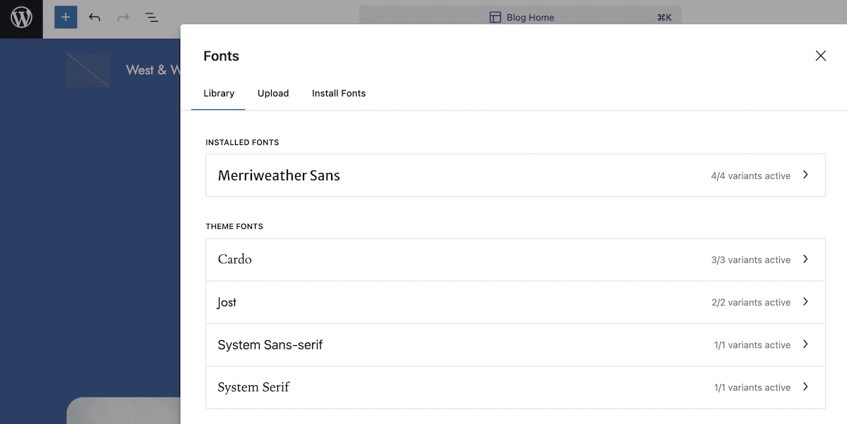 The WordPress Font Library displaying installed and theme fonts. Merriweather Sans is listed as an installed font with four variants active. Theme fonts include Cardo, Jost, System Sans-serif, and System Serif, each with their respective active variants.