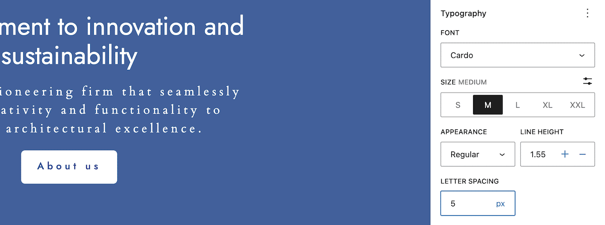 The Site Editor Typography sidebar showing the font set to Cardo, with options to adjust size, appearance, line height, and letter spacing. A blue background with white text showcases how the letter spacing (5 px here) appears on the website.