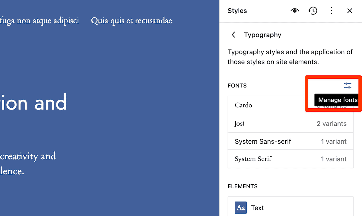 The Typography settings panel within the Site Editor showing font options, including Cardo, Jost, System Sans-serif, and System Serif. A Manage fonts button is highlighted in the top right corner. The panel is displayed alongside a blue website background containing Latin text, demonstrating the applied typography styles.