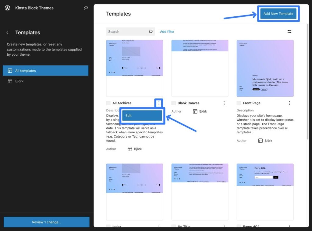 How to edit a block theme template.