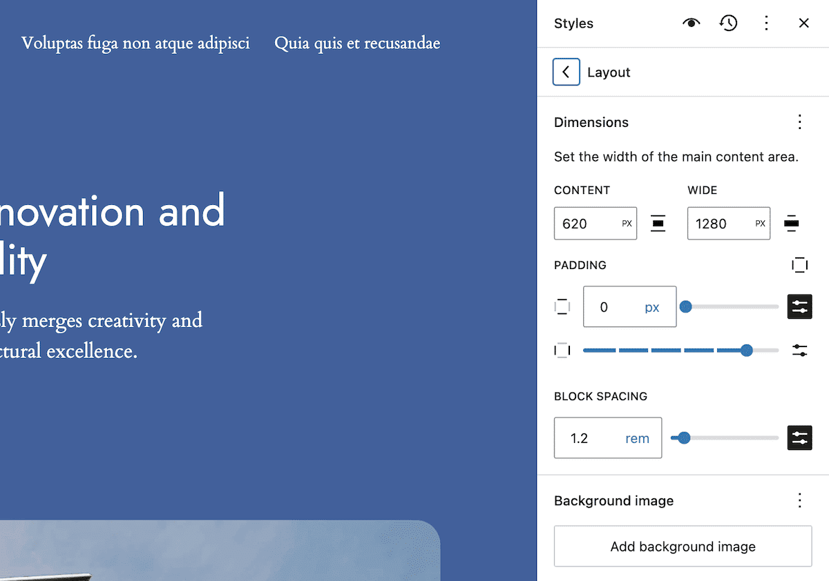 The WordPress Site Editor, showing the Layout customization panel. It lets you customize content dimensions, padding, and block spacing. The left-hand side of the screen shows a partial view of a blue-themed webpage.