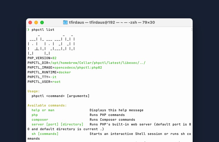 PHPCTL command listing available subcommands and PHP info