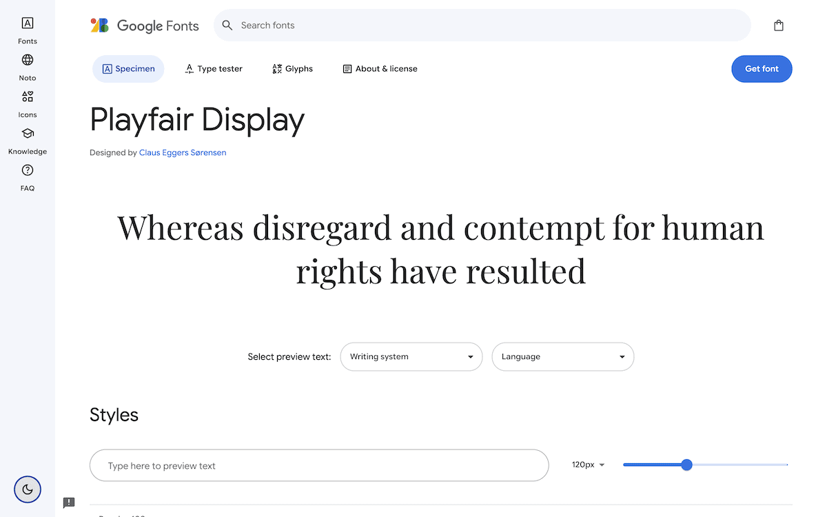 The Google Fonts website displaying the Playfair Display font specimen. The sample text reads, "Whereas disregard and contempt for human rights have resulted" in various sizes. Options for specimen, type tester, glyphs, and about, and license are shown, along with a Get font button.