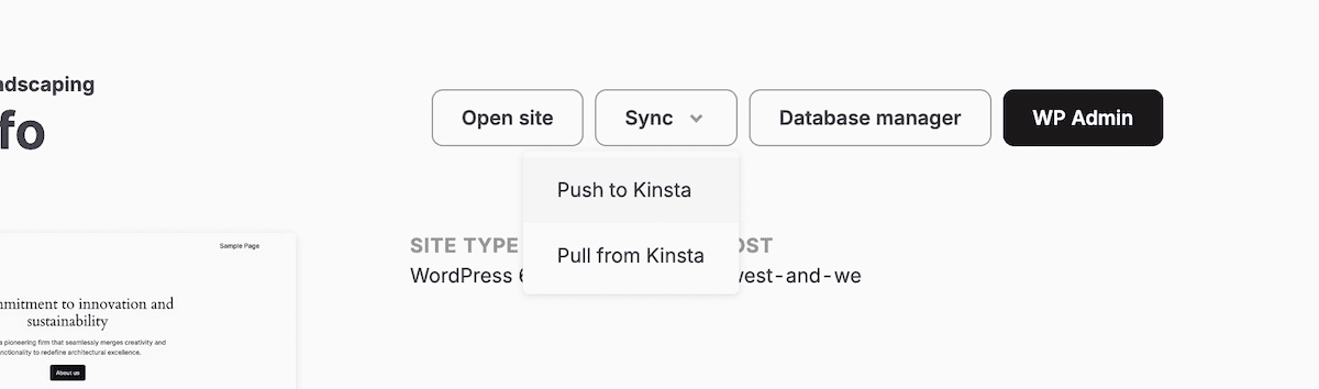 A partial view of the DevKinsta interface displaying site information and control options. The interface shows buttons for opening the site, syncing, accessing the database manager, and WordPress admin. A drop-down menu reveals options to push to or pull from Kinsta. The site type is listed as WordPress, with visible yet partial information about the host.