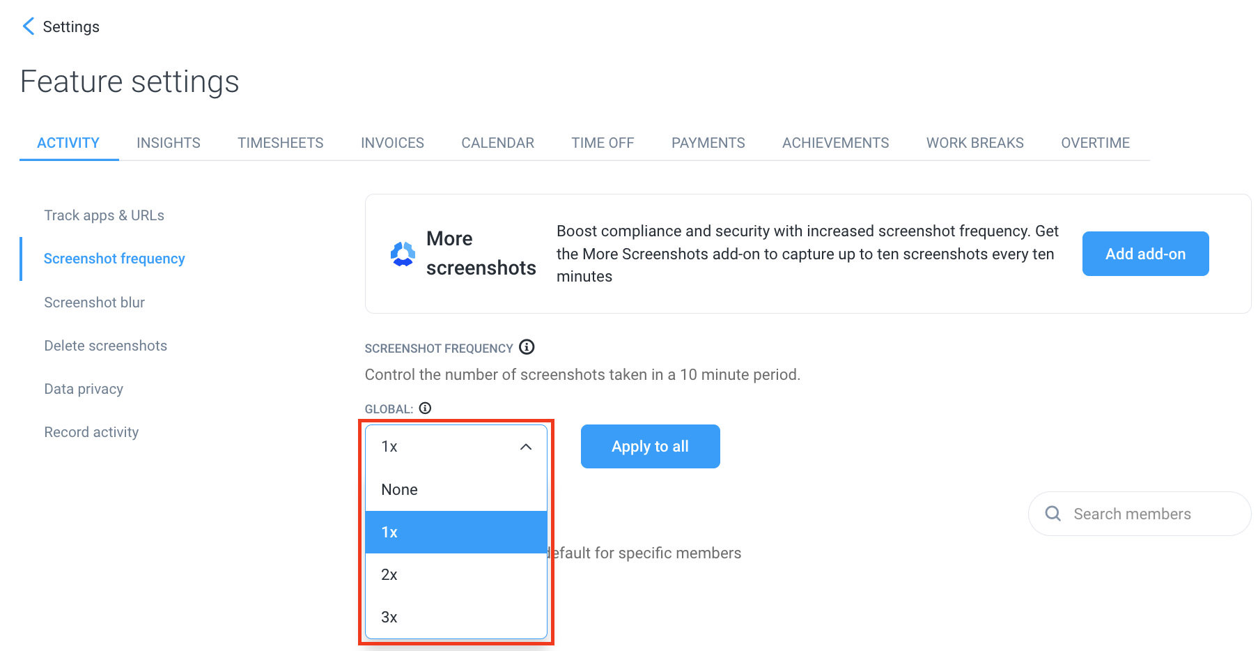 Setting screenshot frequency in Hubstaff