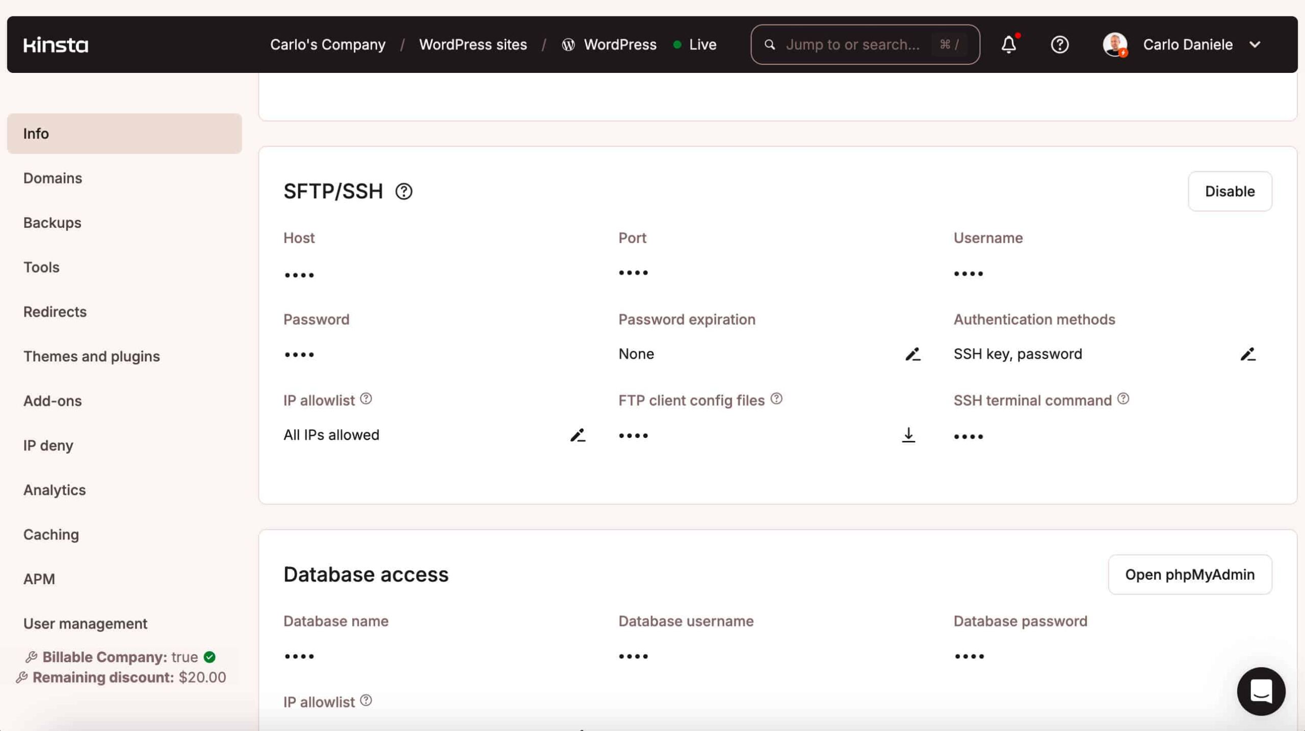 SFTP environment credentials in MyKinsta