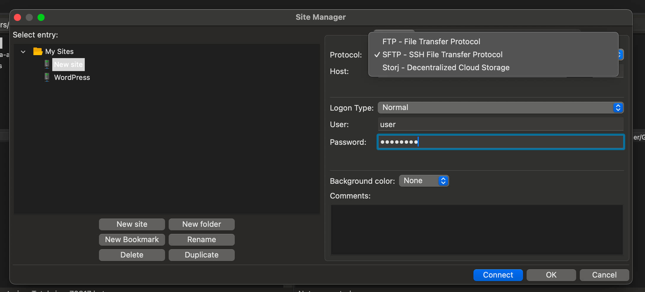 Setting SFTP protocol in Filezilla