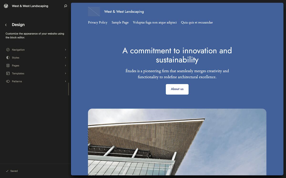 The WordPress Site Editor home screen. The left-hand sidebar shows design options, while the main area displays a blue-themed homepage with the heading "A commitment to innovation and sustainability" and an image of a modern building.