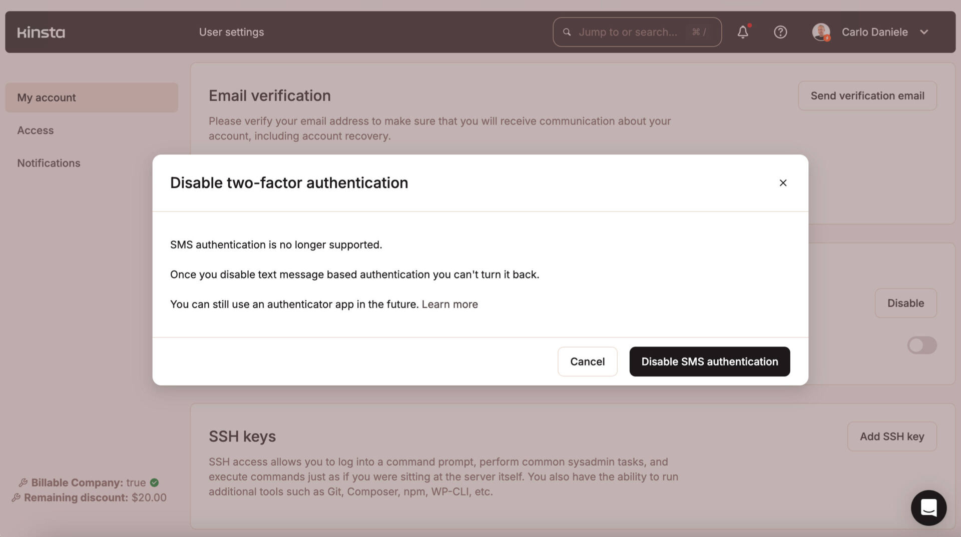 Kinsta no longer supports SMS authentication