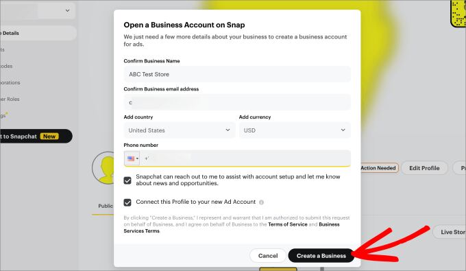 snapchat business setup