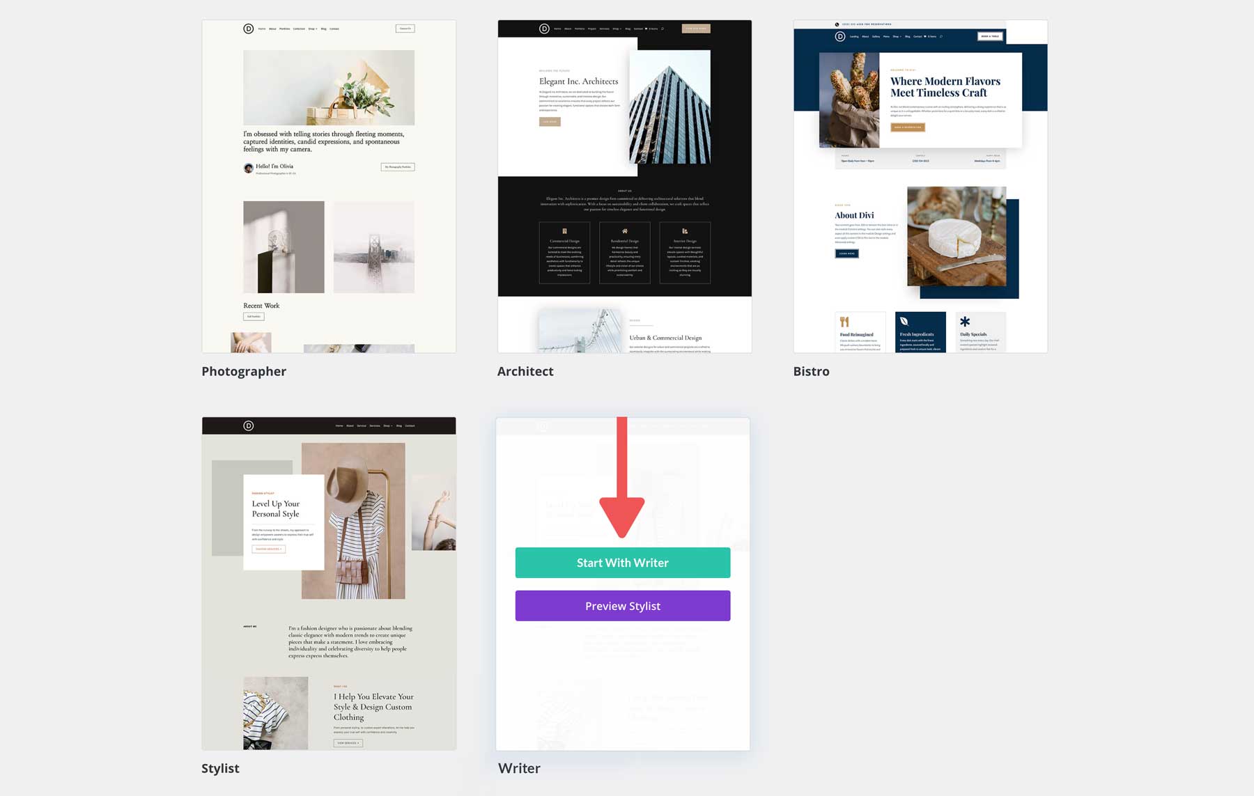 Writer starter site for Divi