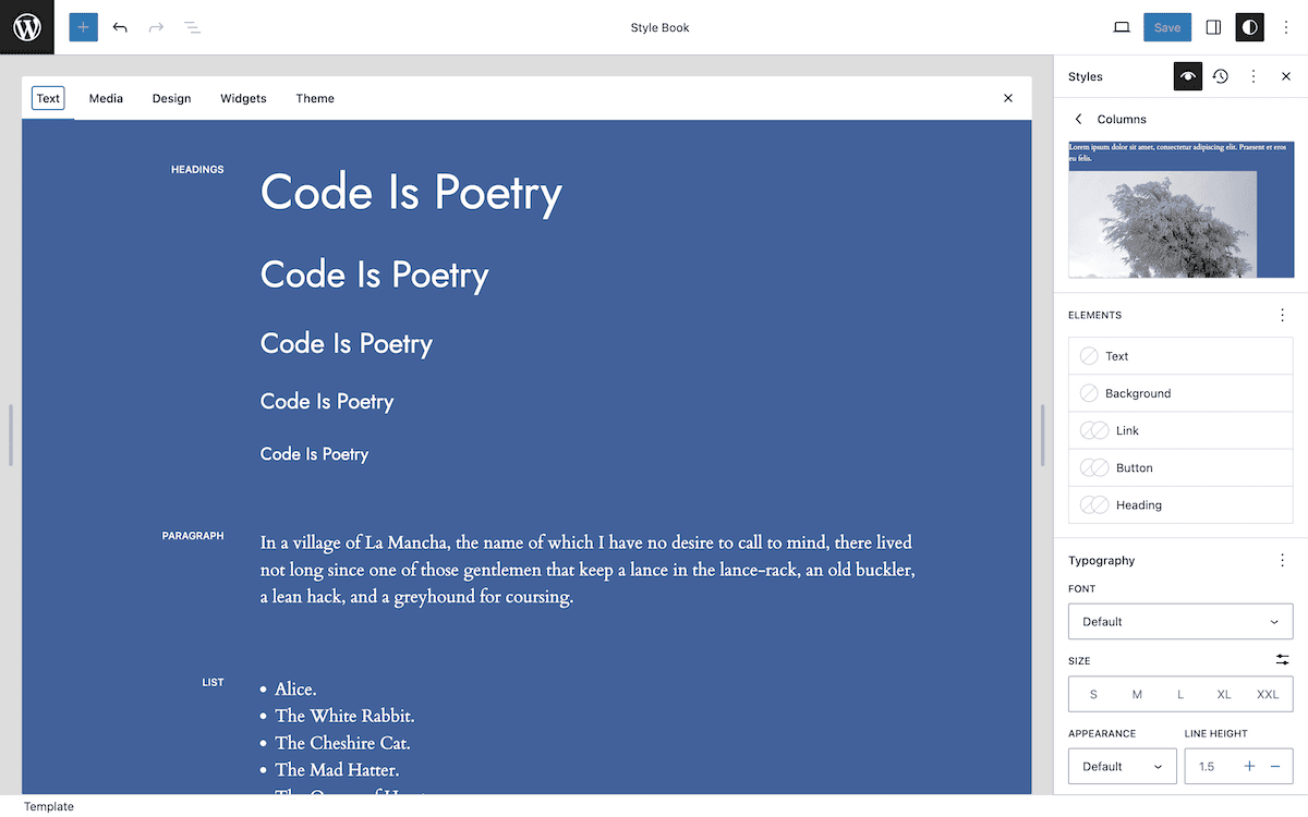 The WordPress Style Book editor interface showing a blue background with "Code Is Poetry" repeated in different font sizes as headings. The right-hand sidebar displays style options for typography and elements.