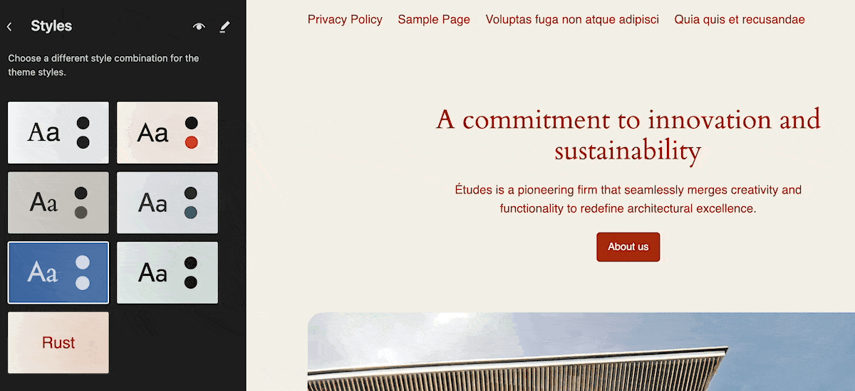 A GIF of the WordPress Site Editor showcasing various theme style presets. The main content area displays "A commitment to innovation and sustainability" with a description of Études firm. It changes the color scheme and typography based on the selections within the left-hand sidebar, which shows style options and color schemes.