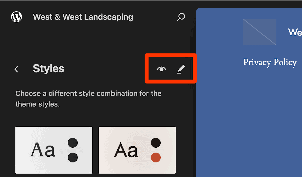 A portion of the WordPress Site Editor showing style options on the left-hand side, and a preview of the website on the right. Two icons for viewing and editing are highlighted in red.