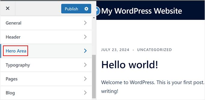 The Hero area in the Sydney theme customizer