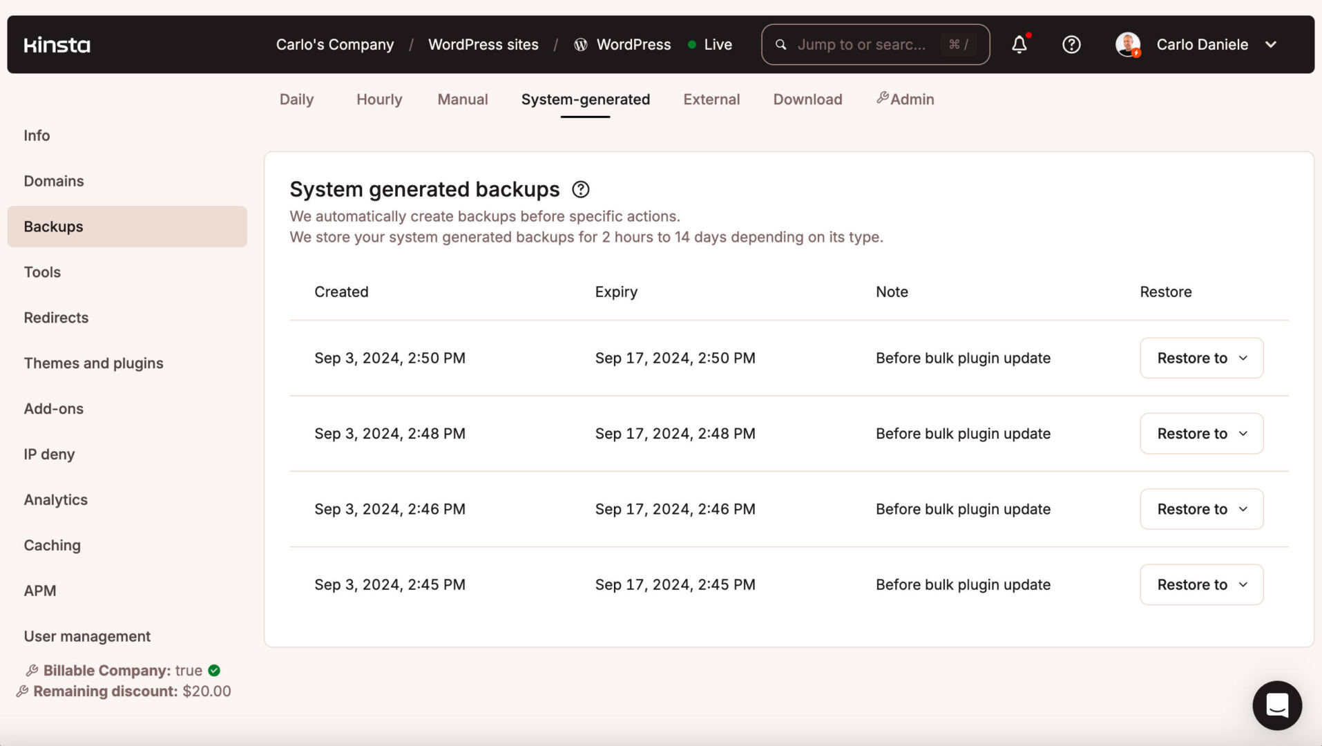 System-generated backups in MyKinsta dashboard