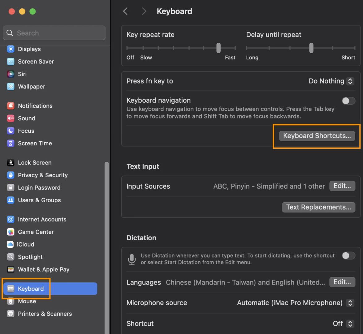 Navigating to keyboard shortcuts in System Settings on macOS