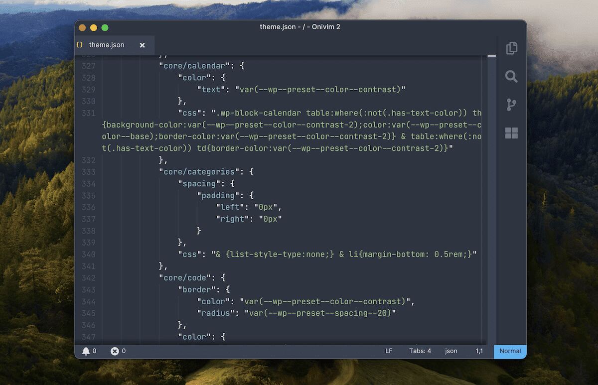 A code editor window titled is displayed over a scenic background of forested mountains. The editor shows a portion of a WordPress theme.json file with various styling configurations. The code includes settings for calendar, categories, and code elements, using CSS variables for colors and spacing. Line numbers are visible on the left, and the editor interface has a dark theme for improved readability against the backdrop.